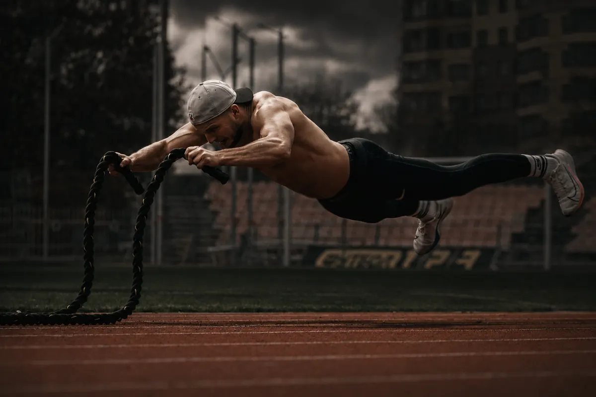 Tim Liakhovich training with battle ropes on a running track