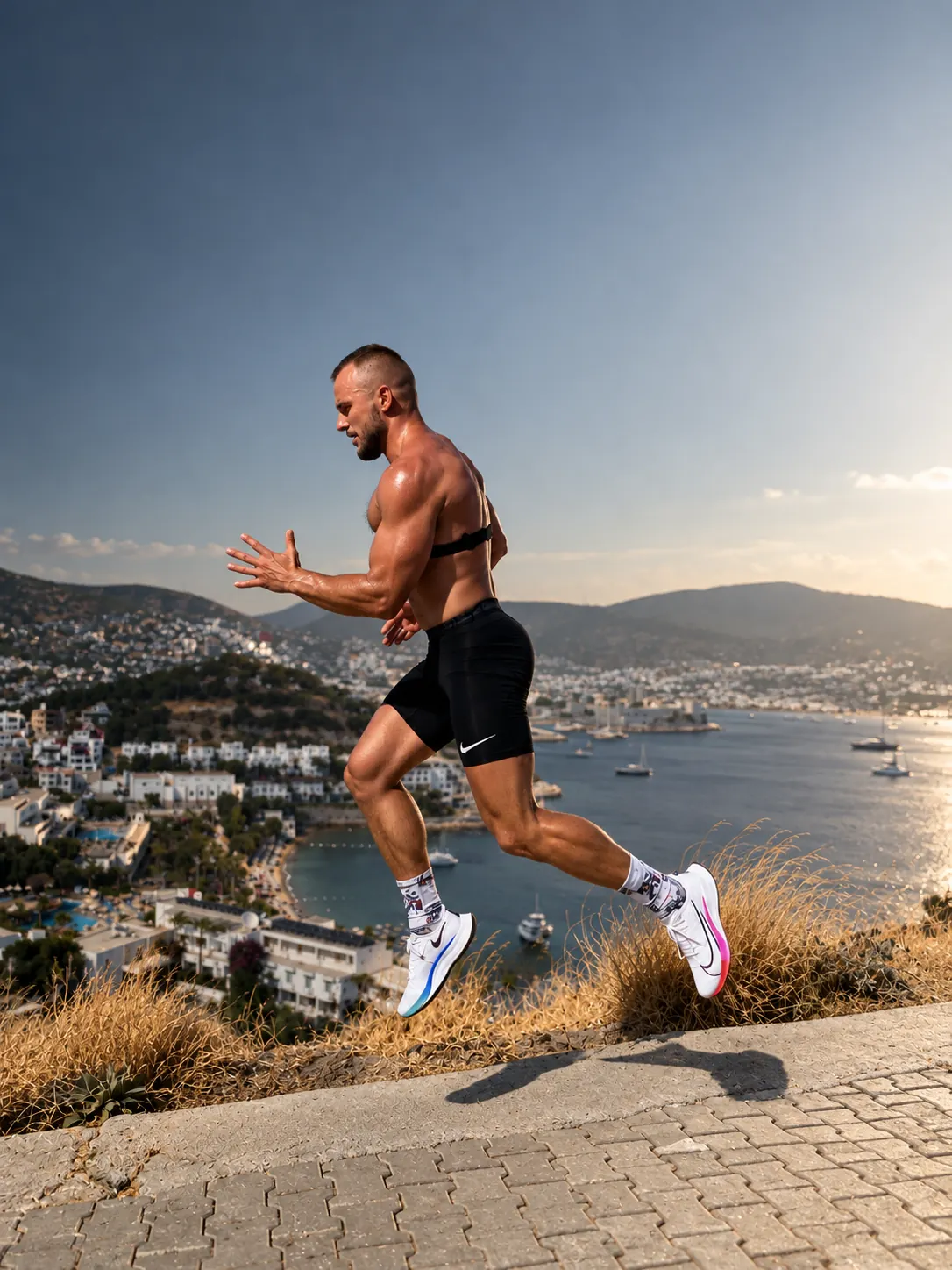 Tim Liakhovich running uphill on a paved path with a coastal harbor in the distance